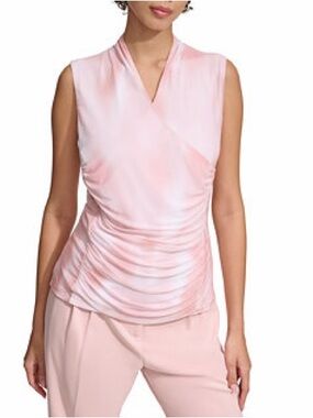 Calvin Klein Pink Sleeveless Faux Wrap Top in Pink, Size L, NWT